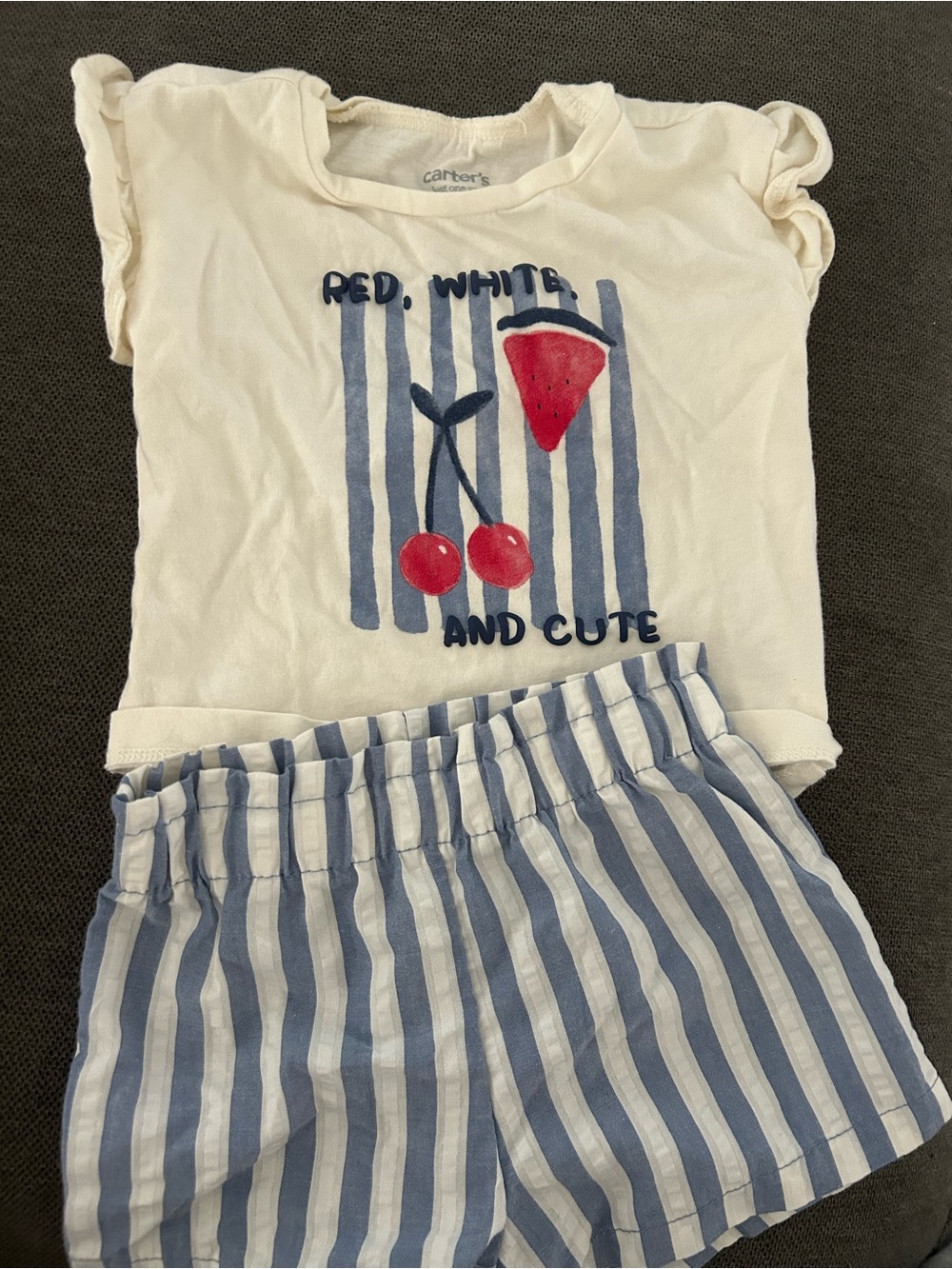 Carter's Cream Top with Blue Striped Shorts Pajama Set - Red Cherry Graphic